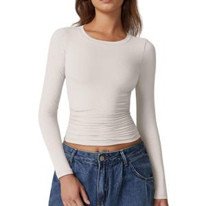 QINSEN Womens Crewneck Long Sleeve Shirt Double Lined Basic Tees Side Ruched Going Out Crop Tops (Medium, White)