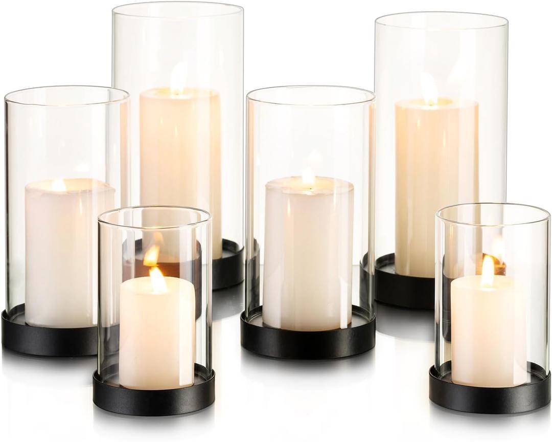 Hewory Hurricane Candle Holder for Pillar Candles: Black Votive Candle Holders Set of 2, Glass Hurricane with Metal Candle Plate, Pillar Candle Holder for Table Centerpiece Wedding Holiday Home Decor