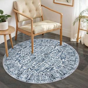 KUTA Vintage Round Rug 3ft, Washable Boho Indoor Circle Small Area Rugs, Blue White Non-Slip Printed Medallion Carpet for Entryway Kitchen Dining Room Table Living Room