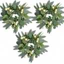 Artificial Summer Eucalyptus Wreath With Berries - 10 Inch Faux Cabinet Greenery for Front Door, Farmhouse Decor for All Seasons Indoor Outdoor Home, 3Pcs Big Berries