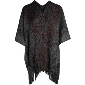 ZLYC Women's Shawl Golden Trim Knit Blanket Wrap Fringe Poncho Coat Cardigan (Space Dyed Black)