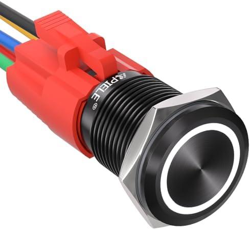 2 x APIELE 16mm Latching Push Button Switch 12V DC On Off Black Shell with LED Angel Eye Head for 0.63" Mounting Hole with Wire Socket Plug Self-Locking (White/Black Shell)