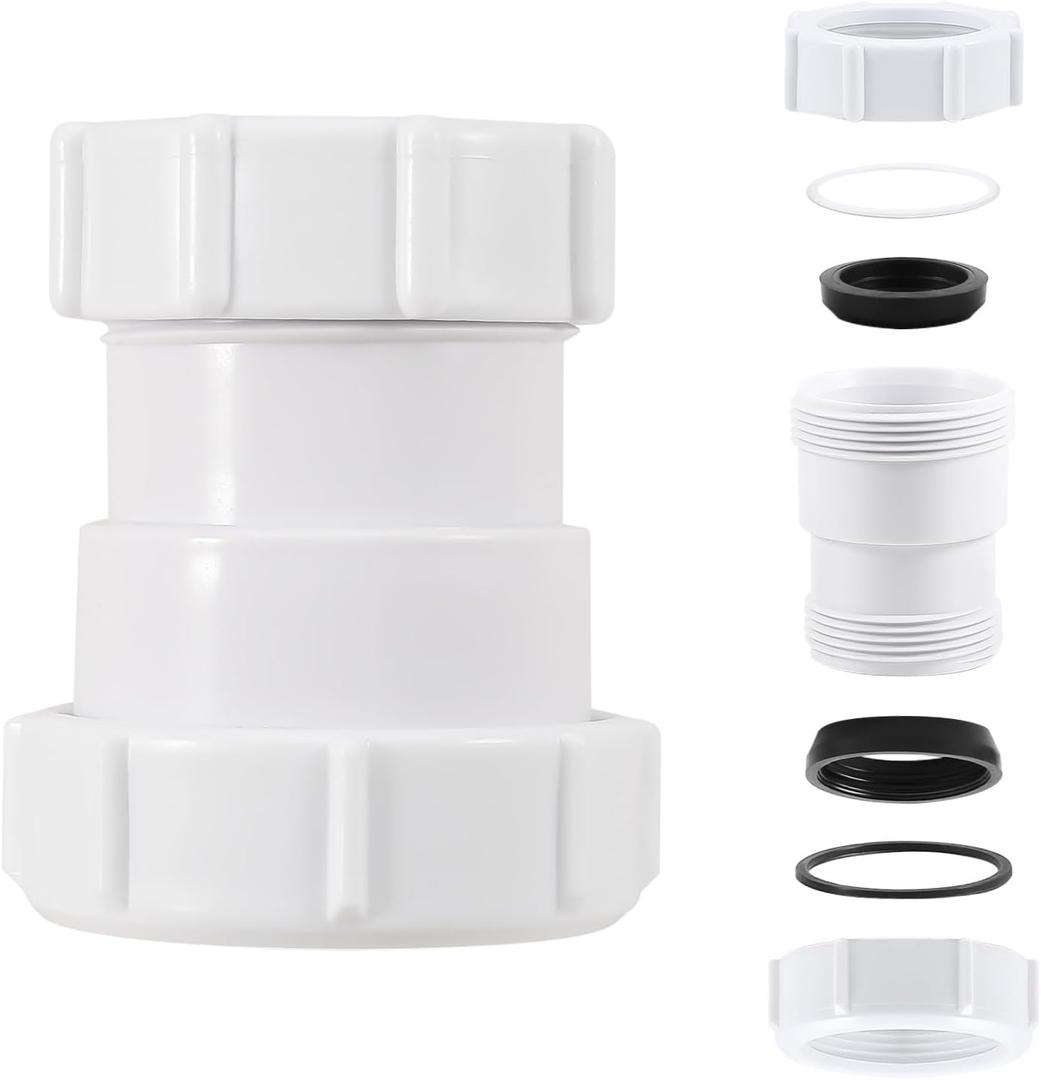1-Inch to 1-1/4-Inch Straight Extension Coupling Trap Adapter Sliding Interface with Sealing Gasket for Sink, Sewer, Bathroom Drain Pipe Installation (White)