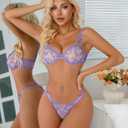 Lilosy Sexy Underwire Cute Push Up Strappy Embroidered Mesh Sheer Lingerie Set See Through Panty Bra (L)