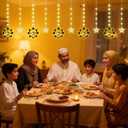 Vigdur Ramadan Star Curtain Lights, 120 LEDs Eid Mubark Castle Curtain Fairy Lights with Remote & 8 Lighting Modes, Ramadan Decoration Lights for Home Holiday Eid Decorations(10FT)