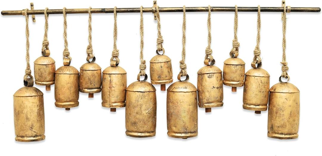 Handcrafted Gold Rustic Bells with Jute Rope - Perfect for Adding a Touch of Vintage Elegance to Your Home Décor, Indoor or Outdoor Spaces (Large, Set of 12)