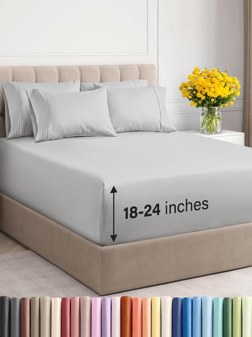 Extra Deep Queen Sheet Set - 6 Piece Breathable & Cooling Sheets - Hotel Luxury Bedding Set w/18-24 Inch Extra Deep Pockets - Easy Fit - Super Soft, Wrinkle Free and Comfy - French Grey, Queen Size (03 - French Grey)