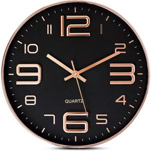 Bernhard Products Black Wall Clock - 12 Inch Rose Gold Silent Non Ticking Quality Quartz Battery Operated Easy to Read Decorative Modern Design for Home/Office/Kitchen/Bedroom/Living Room