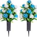 LVXINLI 2 Sets Artificial Cemetery Flowers,Memorial Flowers,Beautiful Arrangements for Headstones,Black Plastic vase with Drainage Hole Long Spikes Outdoor Memorials(Dark Blue)…