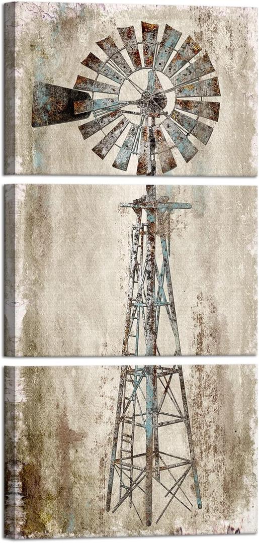 Kalormore Rustic Farmhouse Style Rusty Windmill Picture Canvas Prints Wall Art Decor for Home Wall Decoration Gallery Wrapped Artwork Vintage Country Farm Bedroom Living Room Wall Decoration (W-24xH-48)