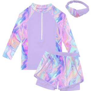 Idgreatim Girls Rash Guard Swimsuit Size 8 Purple Rashguard Set with Headband Cute Swimwear Summer Bathing Suits 7-8 Years