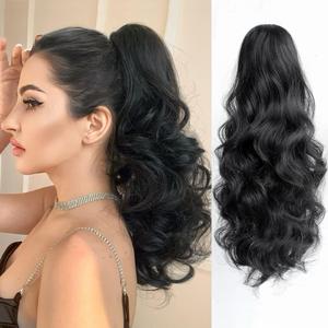 Natural Black Claw Ponytail Extension Wavy 16" Synthetic Curly Fake Clip in Extensions Wig Hair Pieces Fluffy Not Easily Knotted Clips on Ponytails for Women Wedding Party Daily Use 6 Oz