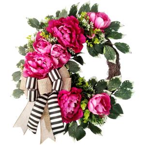 Spring Summer Wreath for Front Door, Hot Pink Peony Door Wreath, Farmhouse Kitchen Wall Decor, Housewarming Gift, Wedding Door Decoration, Farmhouse Porch Decor, 20 inch, VOF24A