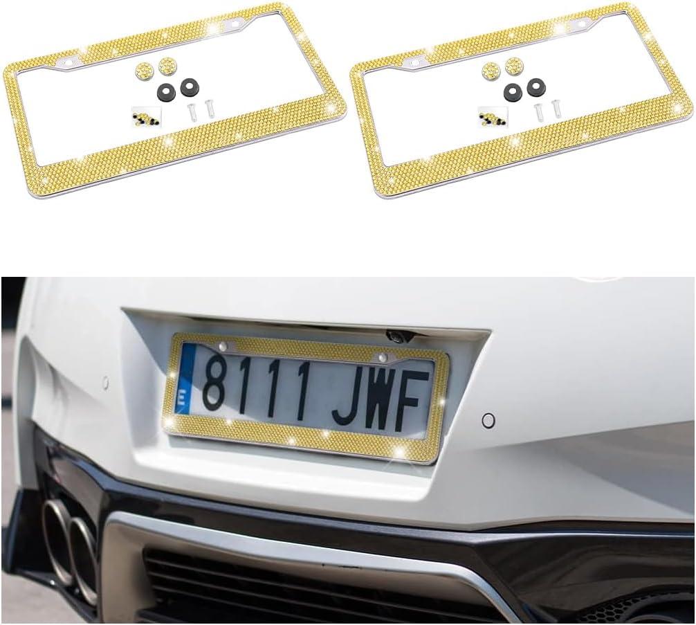 Bling 2PCS Car License Plate Frame, Handcrafted Crystal Stainless Steel License Plate Frame, Sparkly, Durable, Universal Fit, Car Accessories for Girls, Women (Yellow)