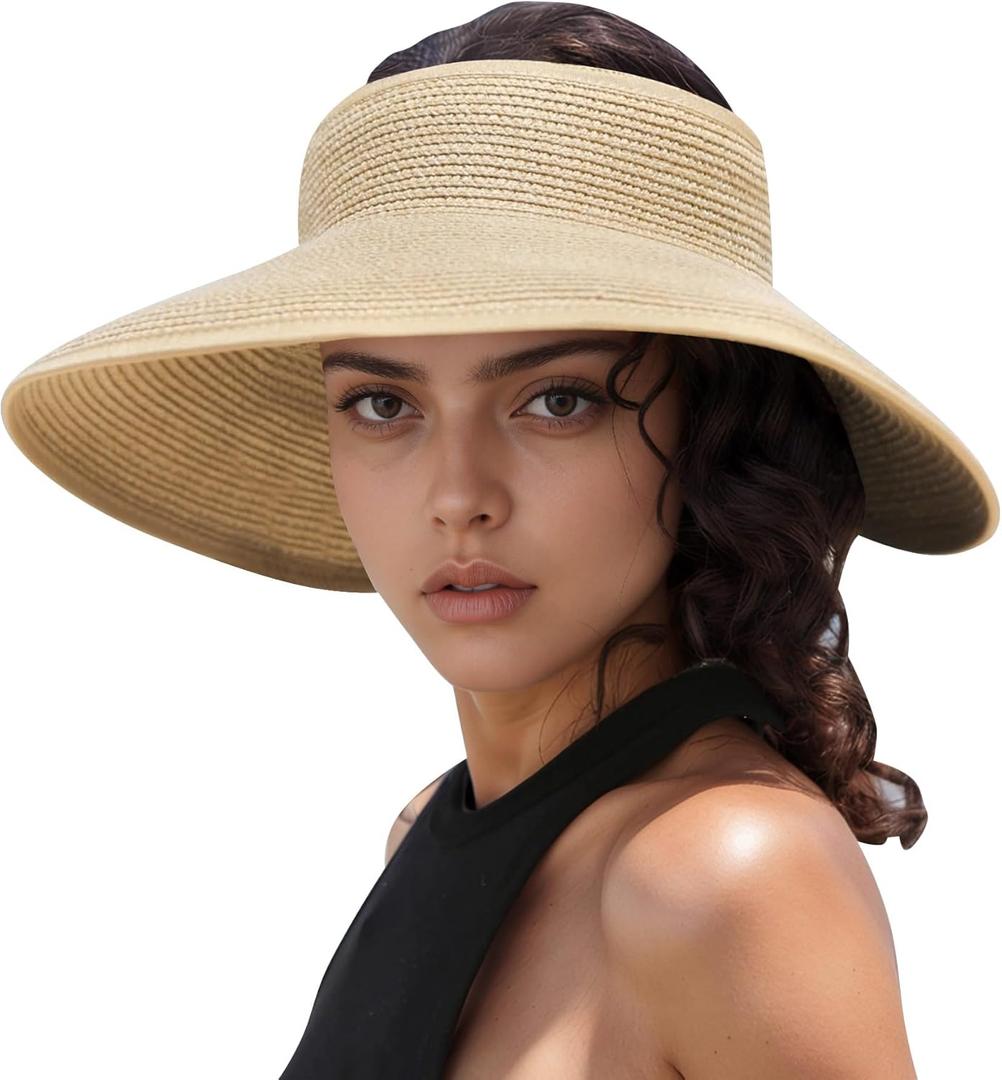 Sun Hats for Women Wide Brim Beach Hat Packable Foldable Visor Women's Summer UV Protection Straw Fashionable Ponytail (Beige)