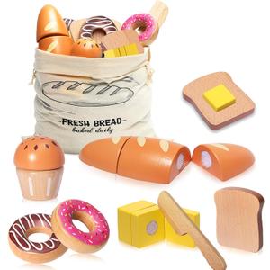 Wooden Bakery Playset Food Toys, Kids Pretend Play Food Baking Set Kitchen Accessories with Storage Bag, Pretend Play Bread Cutting Food for Boys Girls 3+