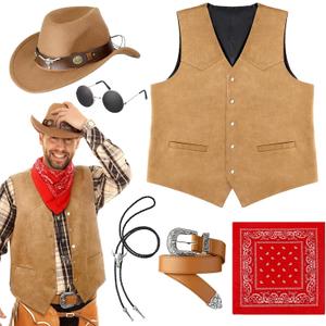 Vabean 6 Pcs Cowboy Costume Men Western Outfit Cowboy Vest Hat Necklace Belt Buckle Bandana Glasses for Rave Accessories (Medium, Brown)