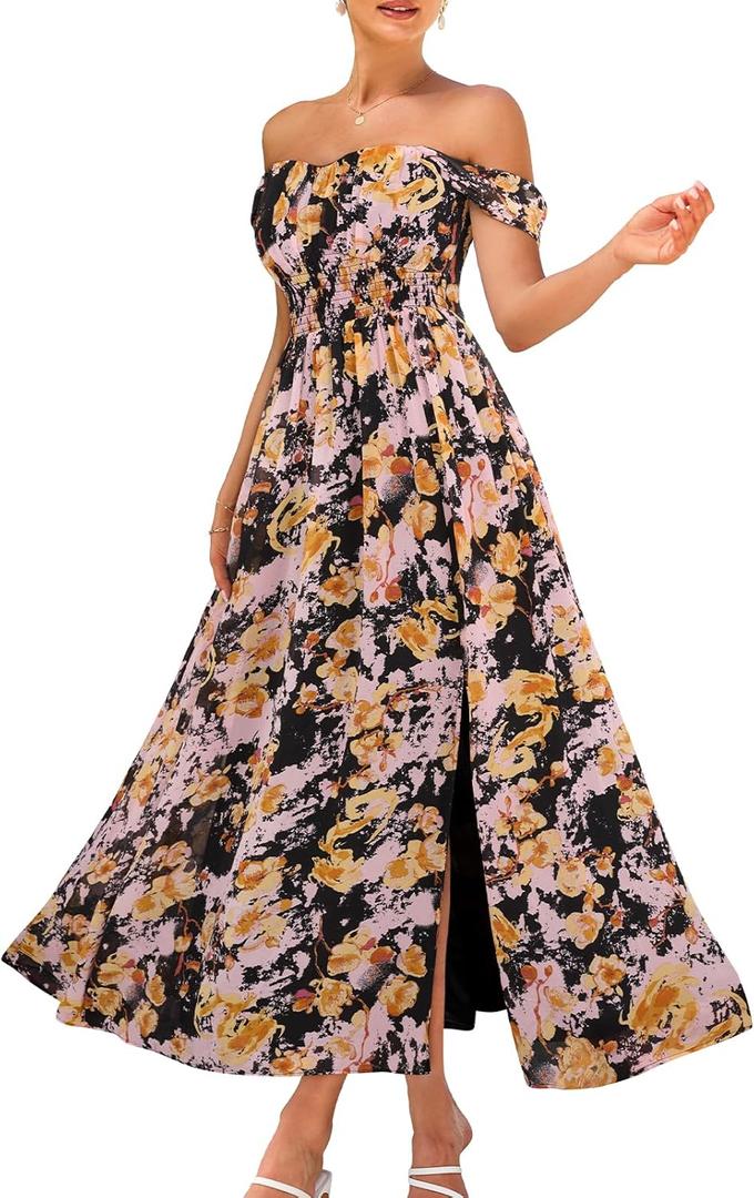 GRACE KARIN 2025 Women's Summer Floral Print Flowy A Line Maxi Dresses Sleeveless Smocked Off Shoulder Dress L