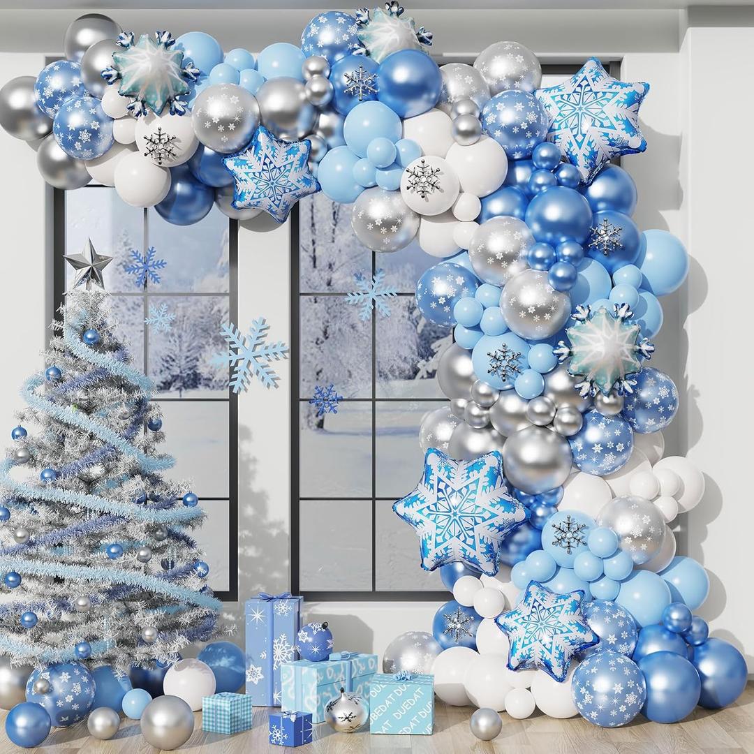 Blue Snowflake Balloon Garland Arch kit-Snowflake Balloon with Silver Blue White Latex Balloons set for Winter Wonderland Holiday Christmas Baby Shower Snow Princess Birthday Party Decorations (Blue)