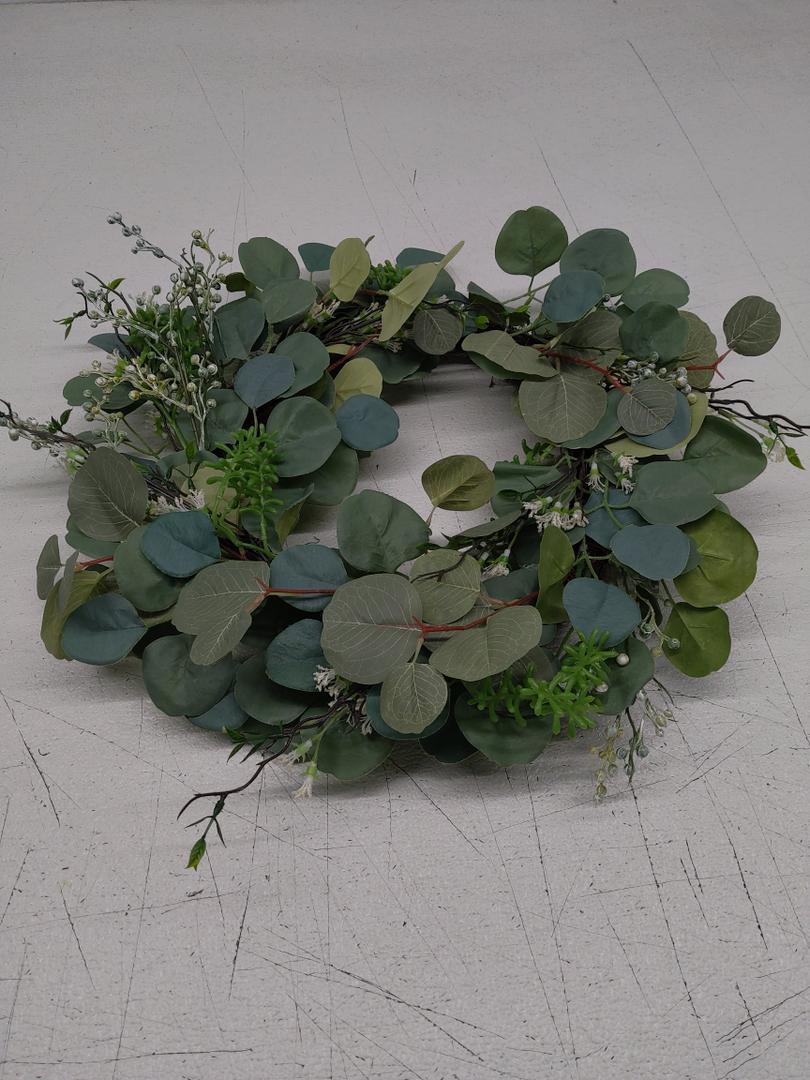 20" Eucalyptus Wreath, Year Round Wreaths for Front Door, Spring Summer Wreath with Green Faux Eucalyptus, All Seasons Evergreen Decor for Inside Farmhouse Festival Celebration Party