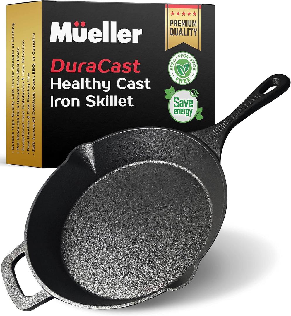 Mueller Heavy-Duty Cast Iron Skillet 10-inch, Pre-Seasoned Cast Iron Pan, Safe Across All Cooktops, Oven, BBQ, or Campfire, Handles & Dual Pouring