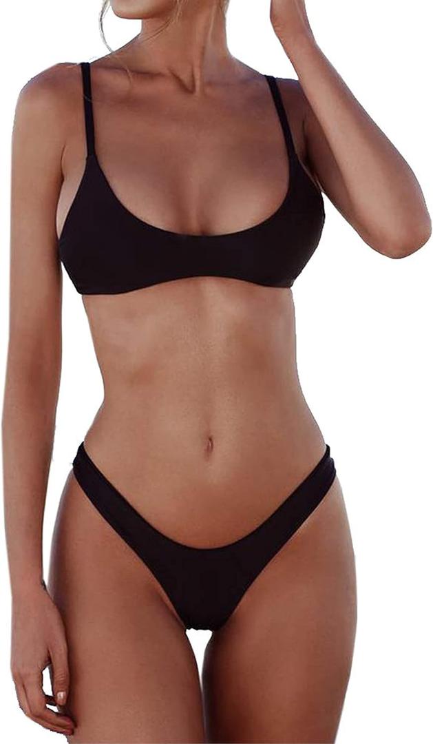 SherryDC Women's Solid Scoop Neck Push Up Padded Brazilian Thong Bikini Swimsuit Bathing Suit (Black, S)