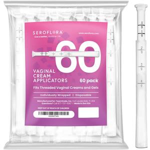 Seroflora Disposable Vaginal Cream Applicators - Fits Preseed, Premarin, Estrace, and Most OTC Gels, Lubricants, and Creams - Threaded End, Comfort Tip, and Dosage Markings (60 Pack) Made in USA