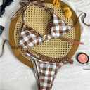 MakeMeChic Women's Double Layered Plaid Polka Dots Bikini Sets Halter Triangle Thong Swimsuit Bathing Suit Brown Small