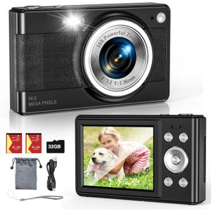 Upgrade Digital Camera, 56MP FHD 1080P for Kids with 16x Zoom Anti Shake, 32GB TF Card, Two Batteries, Lanyard, Compact Small for Boys Girls Black