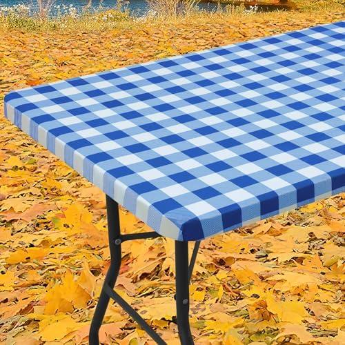 Smiry Rectangle Picnic Table Cloth, Elastic Waterproof Fitted Vinyl Tablecloths, Flannel Backed Buffalo Plaid Table Covers for Dining, Camping, Outdoor (White and Blue, 30" x 72")