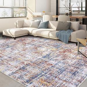 Washable Area Rugs 9x12 Living Room Modern Rugs for Bedroom Abstract Distressed Rug Soft Large Area Rug Non Slip Throw Rugs Stain Resistant Carpet for Nursery Dining Room 9'x12' Red/Blue