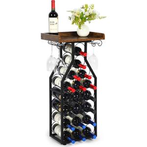 Wine Rack Floating Shelvesr Versatile Liquor Stand for Home Bar Mini Bar Table Wine Holder Stand Liquor Cabinet with Glass Holder Wood Tabletop 19 Bottles Floor Dining Room, Living Room, Medium