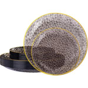 SUT 36Pcs Black Plastic Plates, Hammered Plates Disposable Heavy Duty, Black Disposable Plates With Gold Rim, Fancy Plastic plates Include 18 Dinner plate and 18 Dessert plate for Party