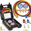 Upgraded New 42006 Test and Charge Manifold Set, with 3-1/8" (80 mm) Gauge, with 72" HVAC Hoses and Quick Coupler Adapters, 1/4" Standard Flared Fittings, Suitable for R-22/134A/404A, Toolbox