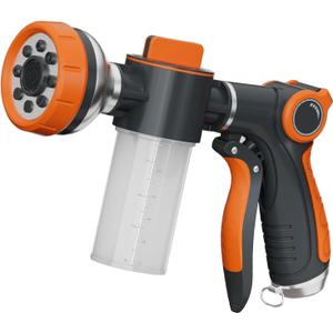 Garden Hose Nozzle,8 Patterns Hose Sprayer High Pressure,Heavy Duty Dog Wash,Metal Water Hose Nozzle with Soap Dispenser,Car Wash Foam Gun (Orange)