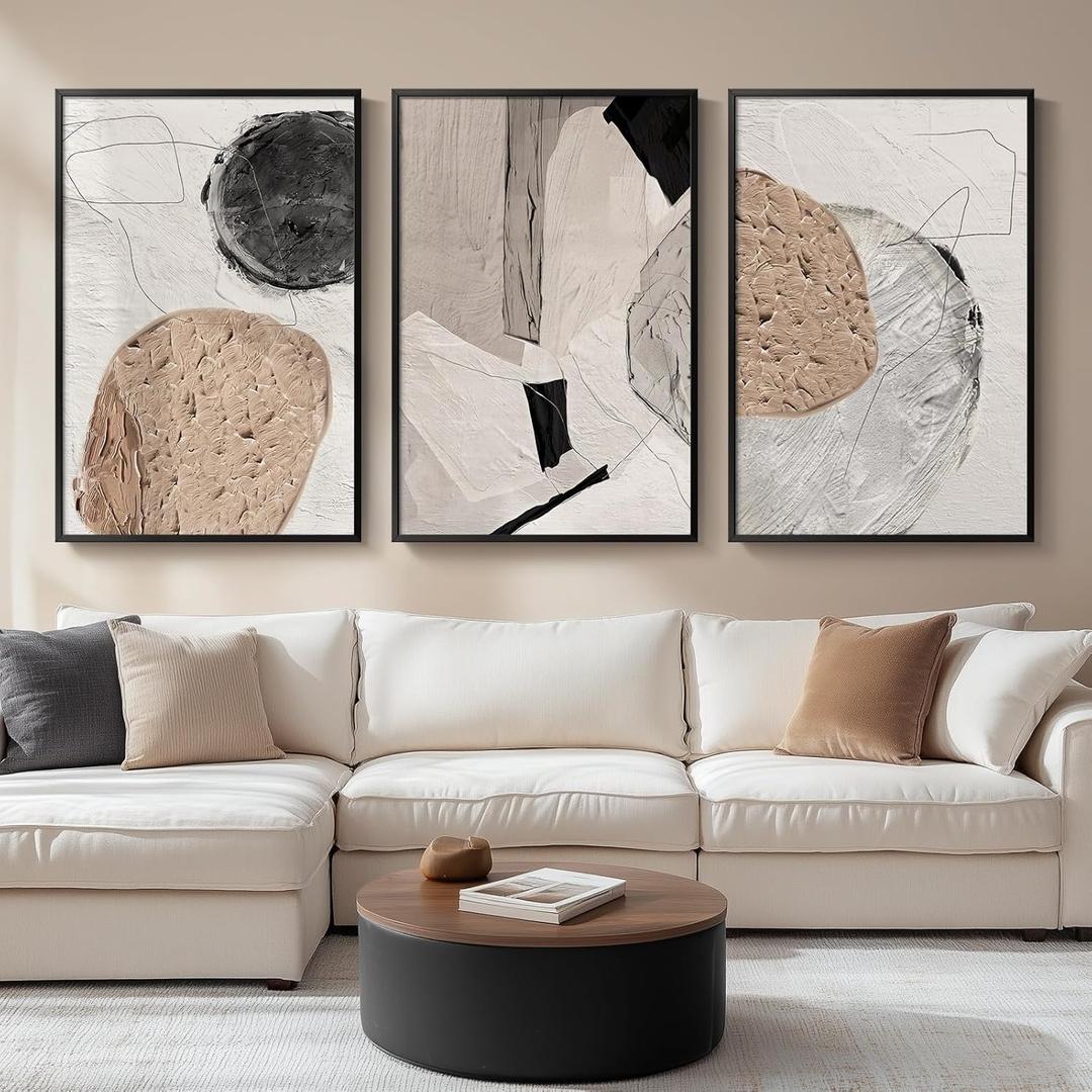 Large Framed Neutral Abstract Wall Art for Living Room, Set of 3 Piece Modern Wabi Sabi Art Beige and Black Canvas Artwork for Walls, Contemporary Minimalist Geometric Painting Prints 24x36 Inch (Stone Shape)