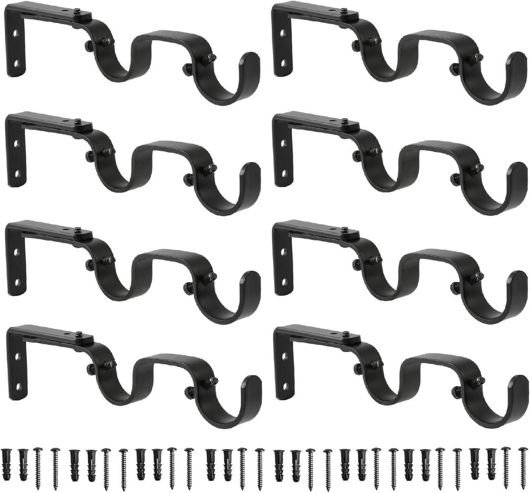 Heavy Duty Curtain Rod Brackets - Adjustable Double Rod Holders, 1 Inch (8 PCS, Black)