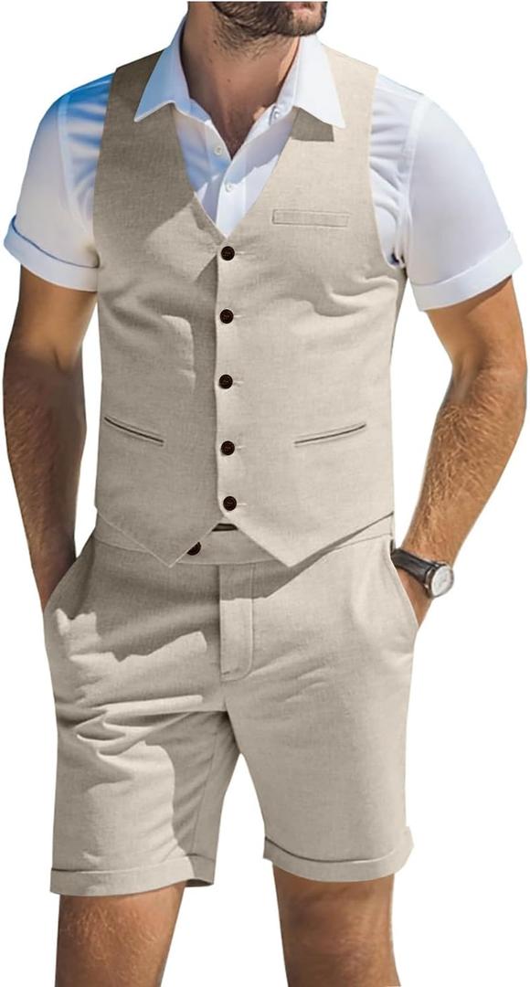Men's Suit Linen 2 Piece Vests Short Pants Suits for Men Casual Summer Beach Groomsmen Wedding Waistcoat Set Outfit (XX-Large, Beige)
