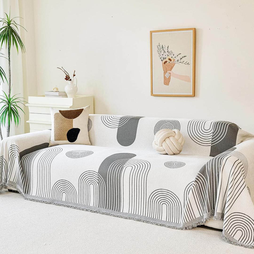 VANJOROY Boho Oversized Couch Sofa Cover for 3-4 Cushion Sectional Sofa L-Shape -Washable Chenille Couch Cover for Dogs Pets, Grey Couch Cover Protector Soft Sofa Slipcovers with Tassel,91"x 150"