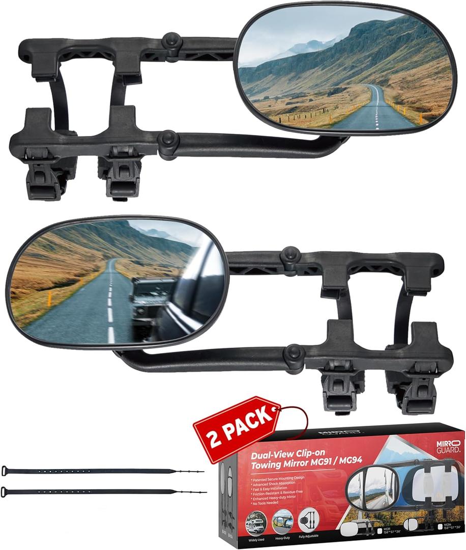 Extended Towing Mirrors, Universal Clip-On Side Mirror Extensions for Pickups, RVs, and Trailers, Tow Mirrors with Extenders (Model MG91) (Black)
