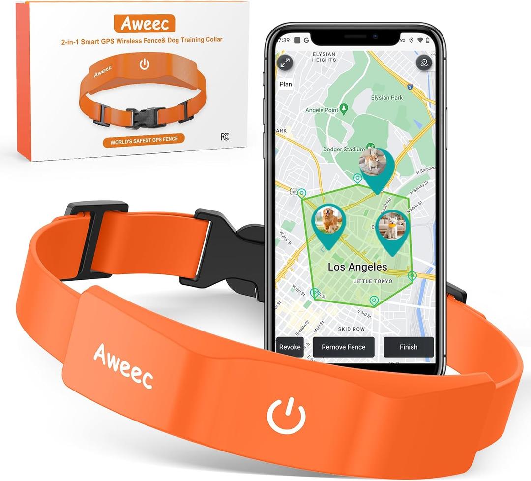 GPS Wireless Dog Fence with Free App, Electric Fence System with Training Collar, Portable Fence for Outdoor Use, Rechargeable Waterproof Flexible Collar, Adjustable for Large Medium Dogs (Orange)