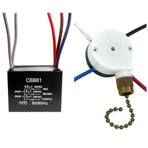 YukiHalu Ceiling Fan Pull Chain Switch 3 Speed 4 Pre-Installed Wires, Ceiling Fan Capacitor CBB61 4.5uf + 6uf + 5uf 5 Wire 250V, Light Switch for Fan and Light (Antique, 4.5+6+5uF)