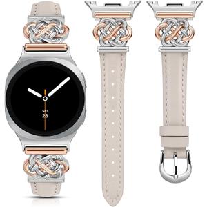 Minyee Celtic Knot Leather Band Compatible with Samsung Galaxy Watch 8 40mm 44mm/ 8 Classic 46mm Band Women, No Gap One-Click Slim Thin Dressy Premium Soft Leather Pretty Designer Adjustable Strap