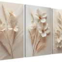 FYLDPSB 3Pcs Unframed Neutral Beige Floral Canvas Wall art, Modern Simple Texture Plant Painting Wall Decor, Vintage Flower Poster Prints for Living Room Bedroom Farmhouse Ready to Hang 24''L x 16''W
