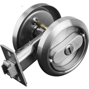 Pocket Door Lock with Key, Round Recessed Pocket Door Latch with Hidden Pull Ring, 2-3/8" Backset (1 Pack Silver)