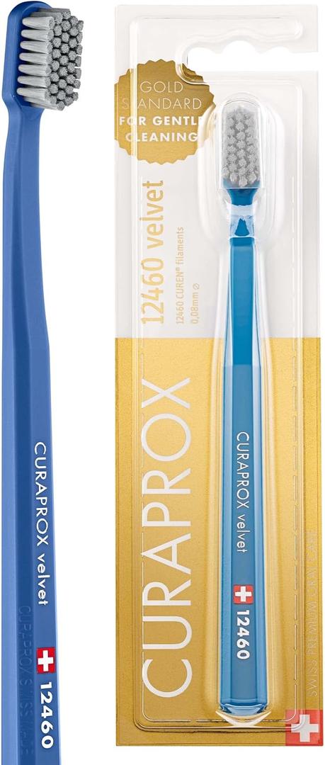 Curaprox CS 12460 Velvet Soft Toothbrush Sensitive Gum Care | Ultra-Gentle Cleaning with 12,460 Filaments | Single Pack, Royal Blue-Grey