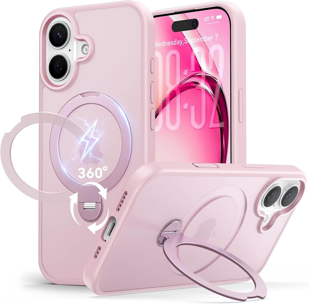 for iPhone 16 Case: with 360 Spin Magnetic Stand, Camera Control Button, Fit for MagSafe, Military Drop Protection, Protective Slim Phone Cover for iPhone 16 with Ring Kickstand, 6.1", Pink