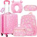 Redbaker 6 Pcs Kids Luggage Set 17 Inch Kids Rolling Luggage Double Pattern Suitcase for Girls Boys School Gift(Light Pink,Leopard Print Style)