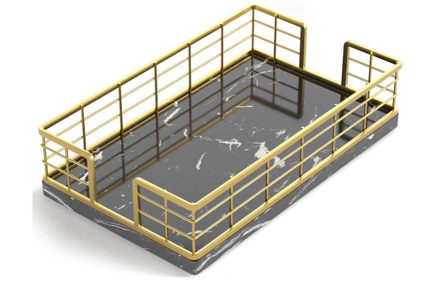 Wican Guest Towel Holder Tray for Bathroom, Oak and Iron Napkins Holder for Powder Room Dinning Table Wooden Basket for Disposable Paper Hand Towels Gold and Black