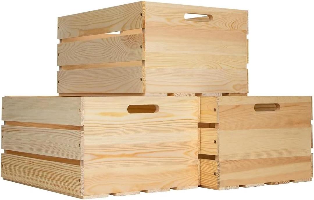3 Pieces Large Pine Wood Crates For Storage, Unfinished Natural Wooden Crates, 17" x 13" x 8.9" Each, Holds Up to 50 Pounds